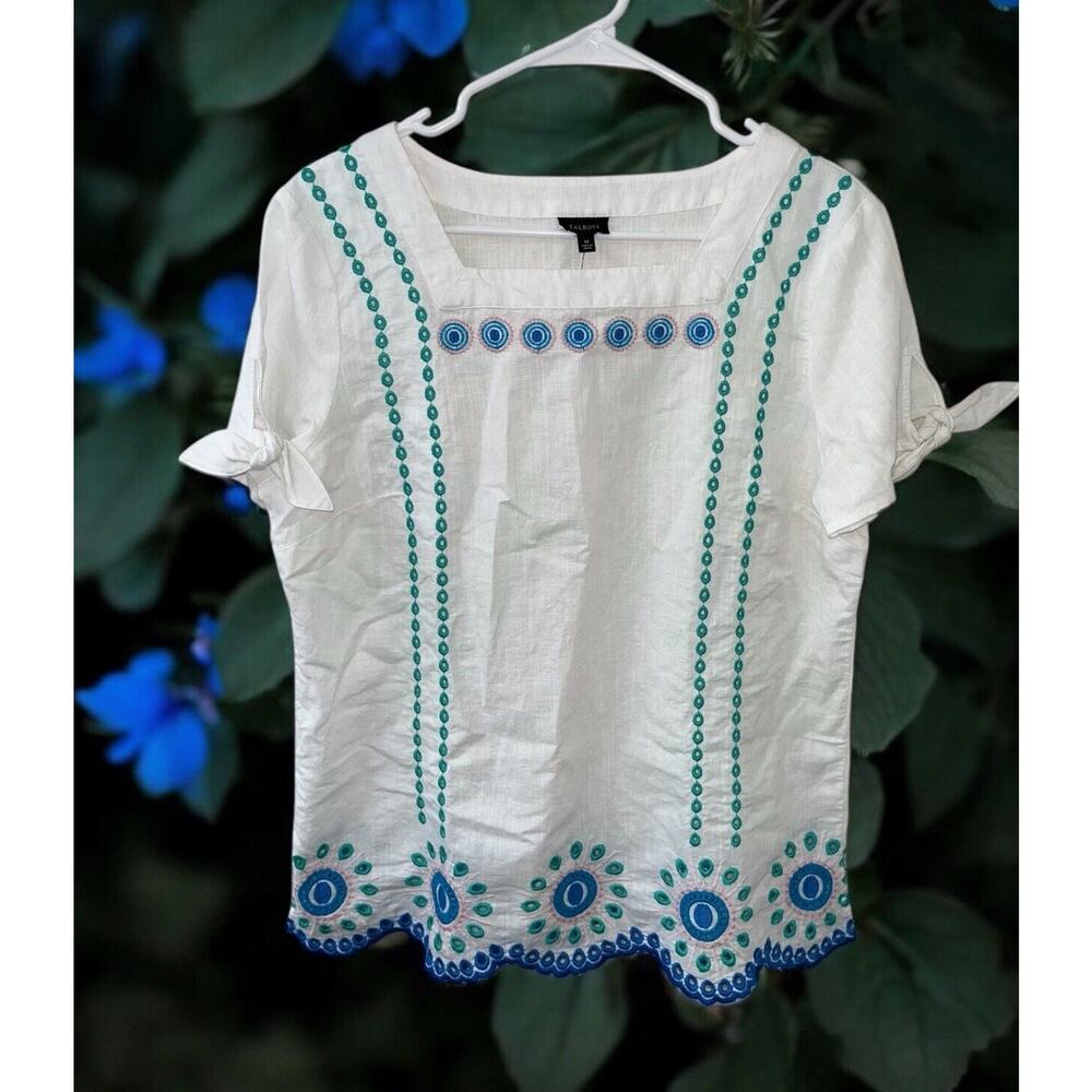 NWT TALBOTS M Linen Cotton‎ Embroidered Eyelet White Tie Sleeve Square Neck Top